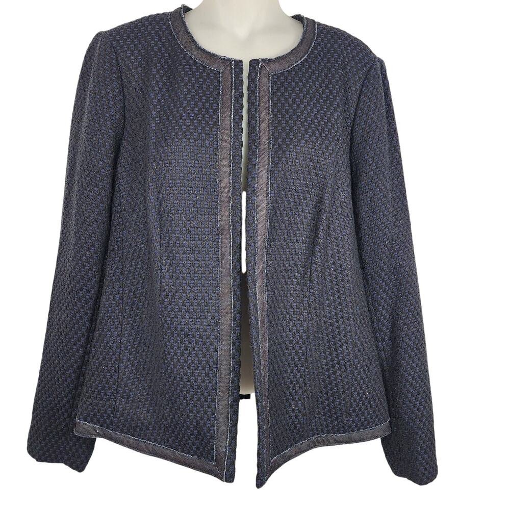 Relativity Womens Blazer Jacket Open Front Blue Black Textured Weave Size 12